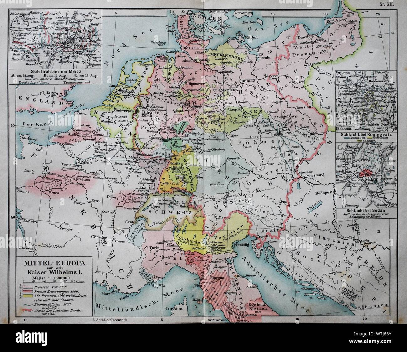 Karte von Mitteleuropa in der Zeit von Kaiser Wilhelm I., 1880, historische Darstellung, Italien Stockfoto
