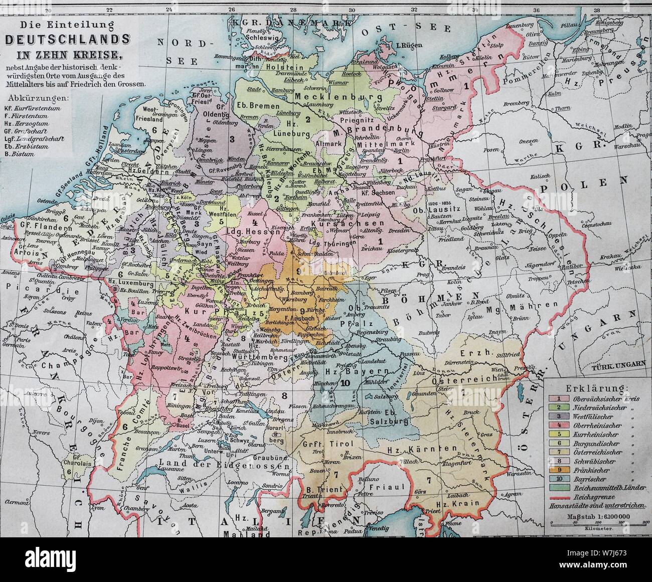 Karte, die Teilung Deutschlands in zehn Kreisen im 16. Jahrhundert, Imperial Kreise, historische Darstellung, Deutschland Stockfoto