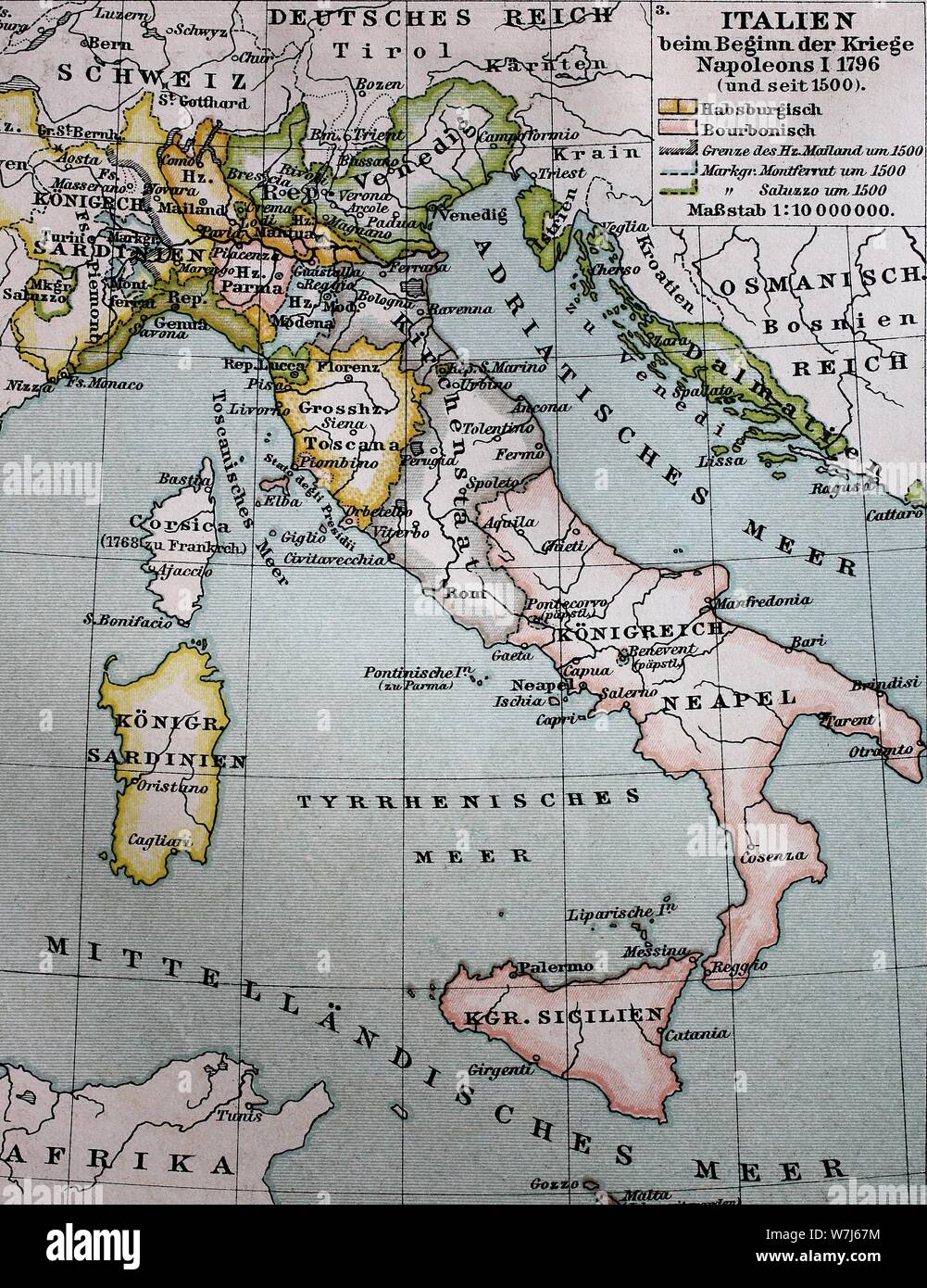Karte von Italien von 1500 zu Beginn der Kriege Napoleons I., 1796, historische Darstellung, Italien Stockfoto