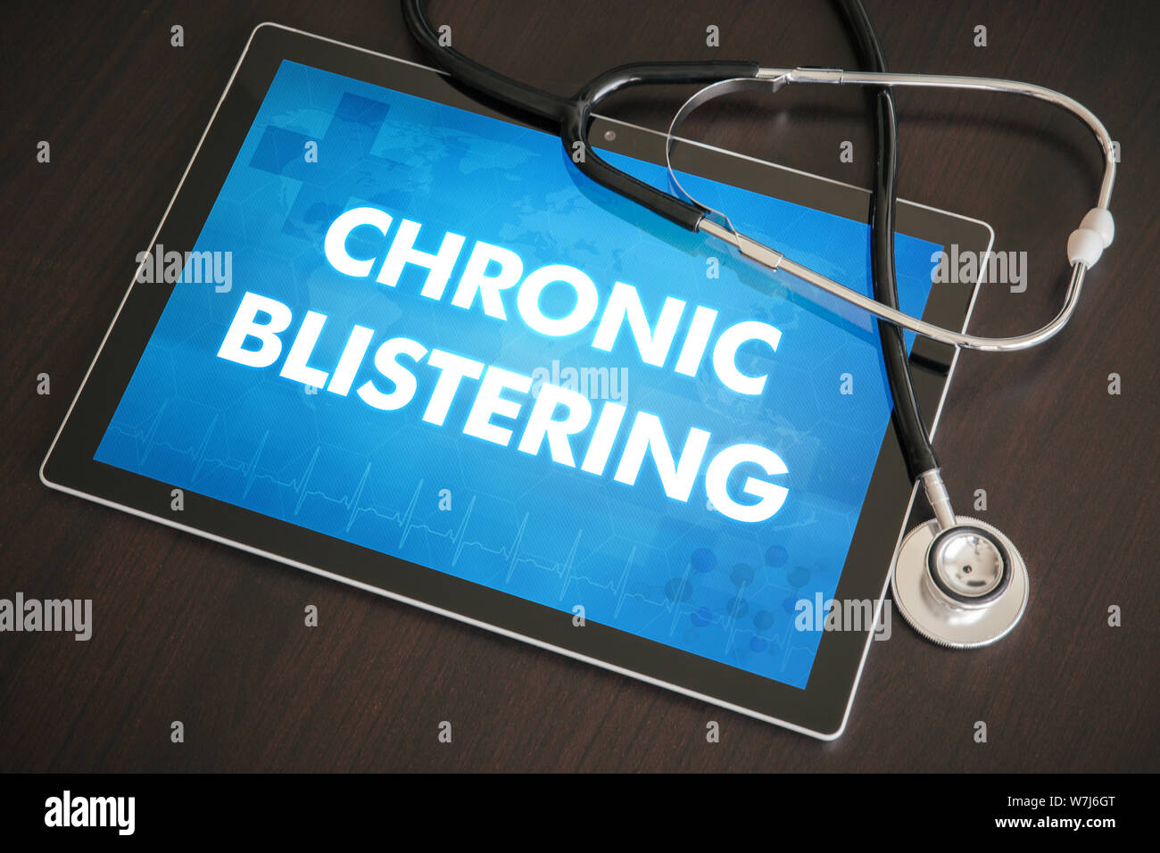 Chronische Blasenbildung (kutane Erkrankung) Diagnose medizinisches Konzept auf Tablet Bildschirm mit Stethoskop. Stockfoto