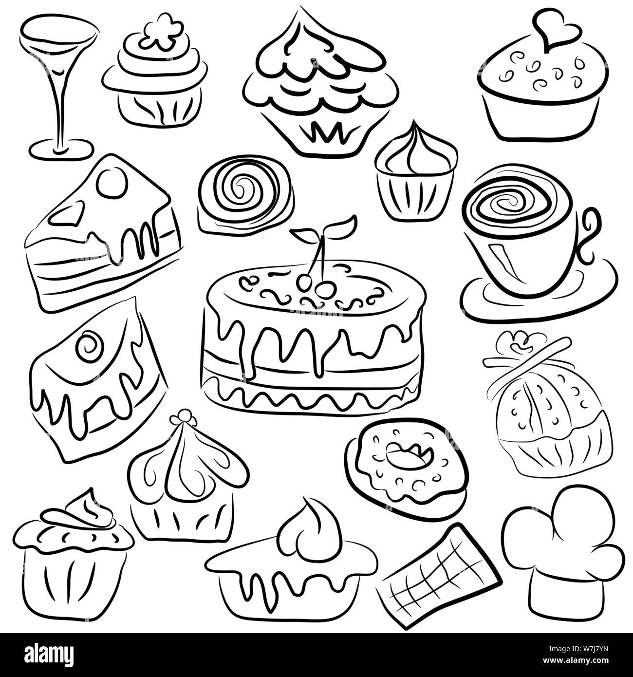 Muffins, Kuchen, eine Tasse Cappuccino, ein Chef hat, Süßigkeiten von der Kontur gezeichnet Stock Vektor