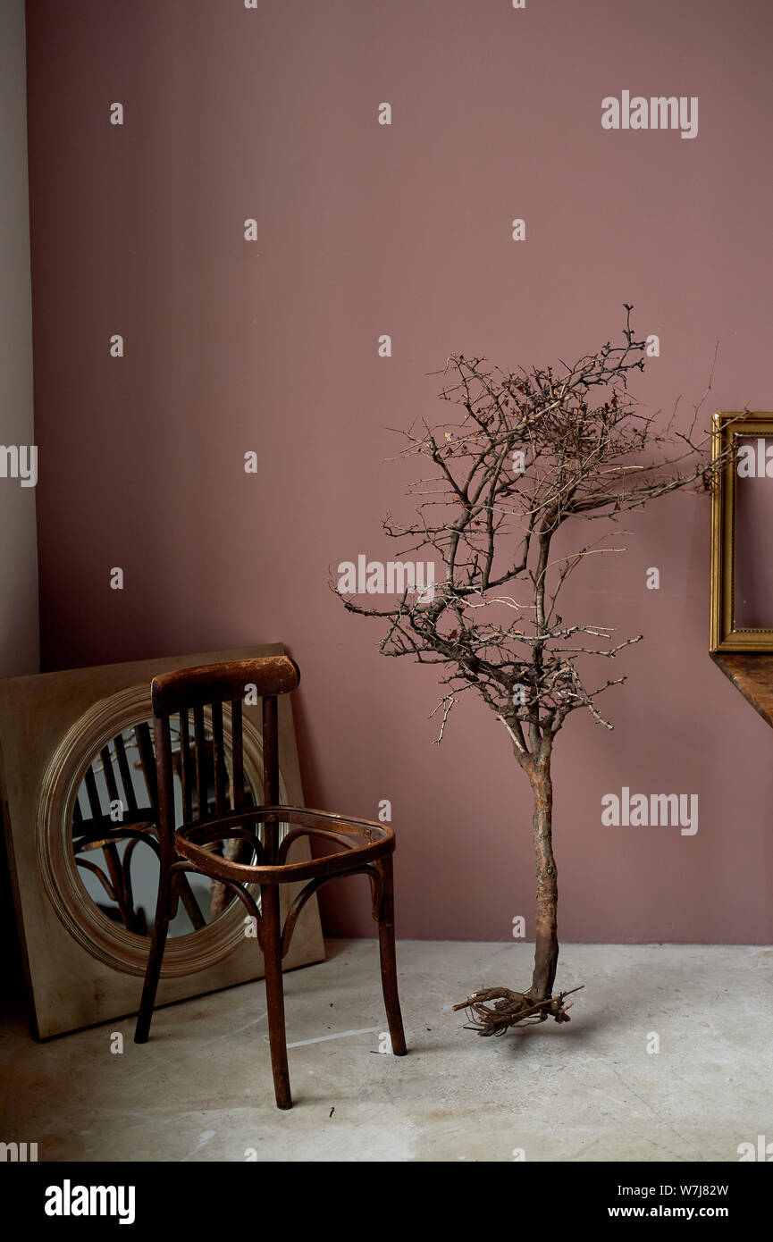 Innere Verwüstung und Zerstörung. Ein toter Zweig, einem Stuhl ohne  Sitzfläche. Braune Wände Stockfotografie - Alamy