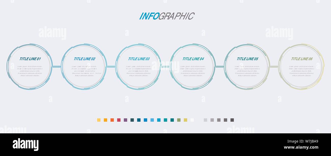 Infografik Vorlage. 6 Optionen Kreis Design mit schönen Farben. Vektor timeline Elemente für Präsentationen. Stock Vektor