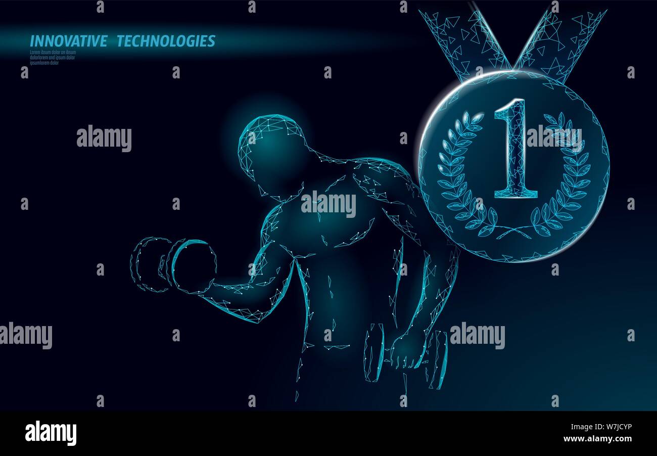 Starke Sportler Gewicht 3D-Champion Sieger Konzept. Low-poly-Medaille an erster Stelle Sport powerlifting Körperform. Männliche Kurzhanteltraining Stärke athletische Stock Vektor