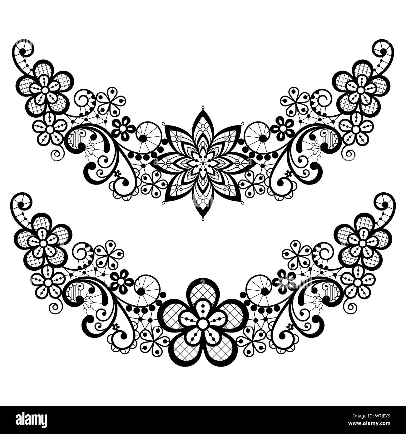 Vintage lace Hälfte Kranz Vektor pattern - floraler spitze Design Collection, Retro durchbrochene Hintergrund in Schwarz auf Weiß Stock Vektor