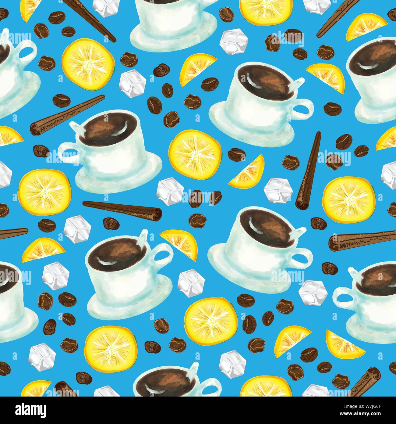 Die nahtlose Vektor Muster mit Aquarell Kaffeetassen Zitronenscheiben, Eiswürfel, Bohnen und Zimtstangen Stock Vektor