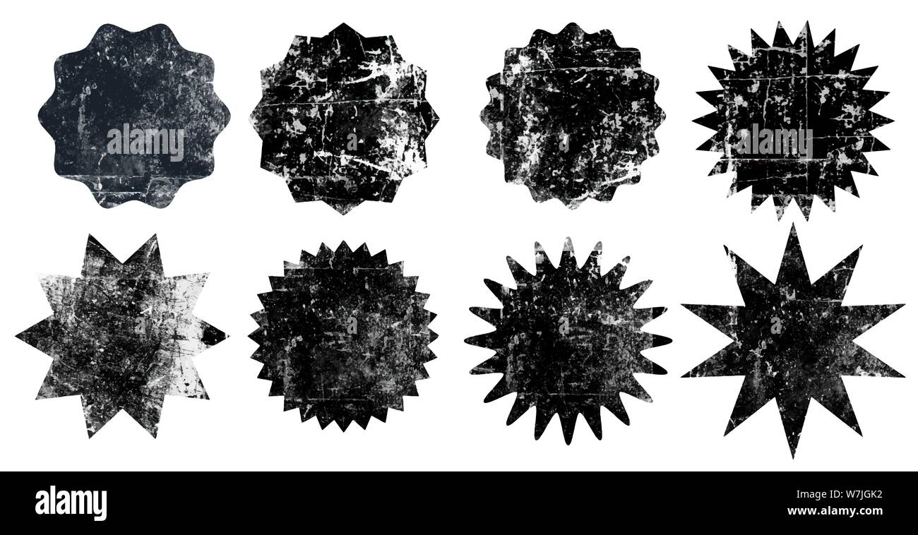Satz von Schwarz grunge starburst Briefmarken auf weißem Hintergrund. Satz von Web Icons. Schilder und Etiketten in verschiedenen Formen. Vector Illustration Stock Vektor