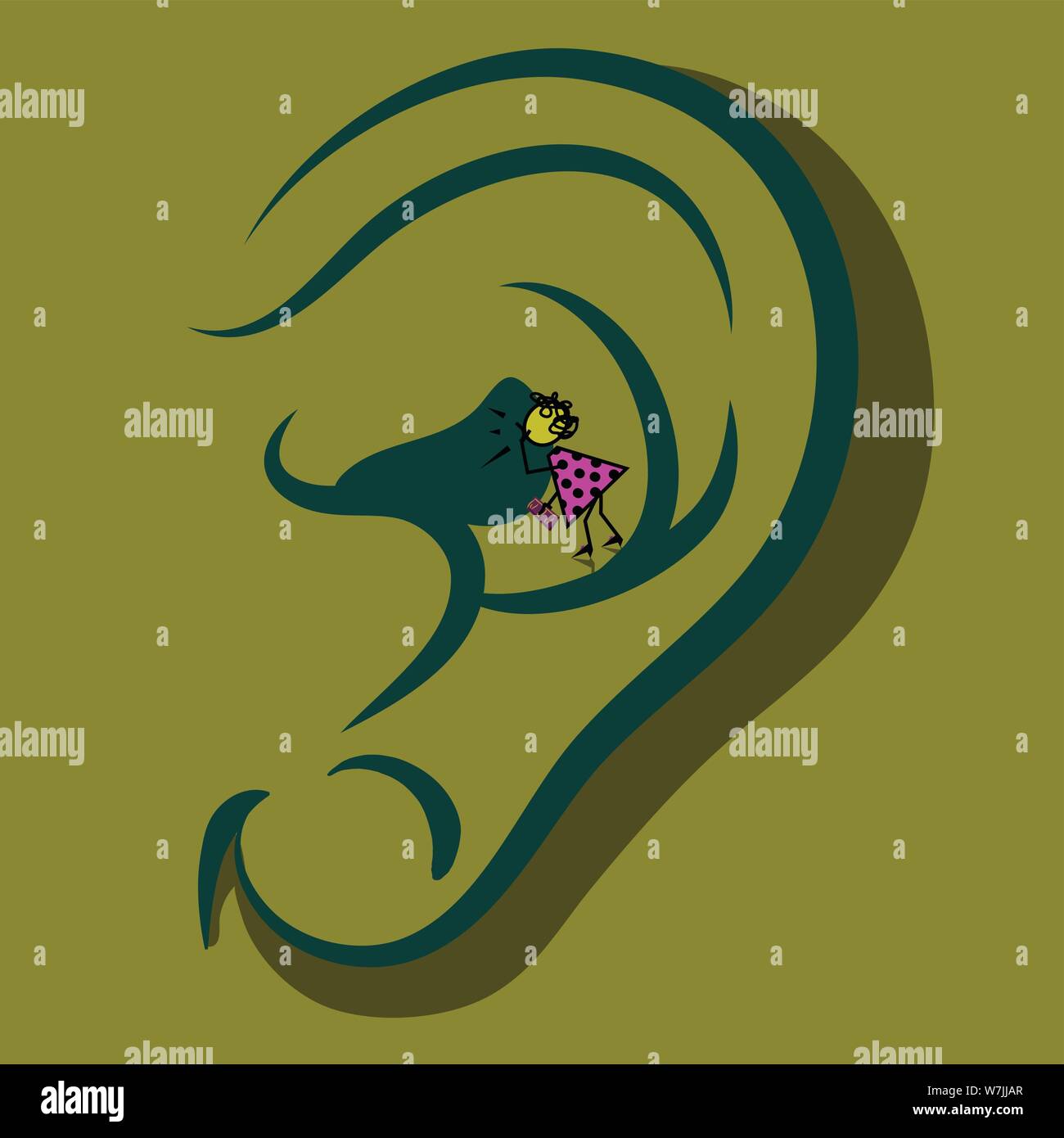 Eine winzige Stick Frau in einer Polka Dot dress screamimg in ein großes Ohr Stock Vektor