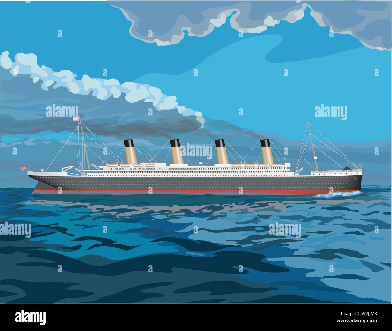 Titanic, vintage Dampf schiff Abbildung mit schwarzen Rauch aus Gießen ist es Stapeln als Es Tuckert über das Meer Stock Vektor