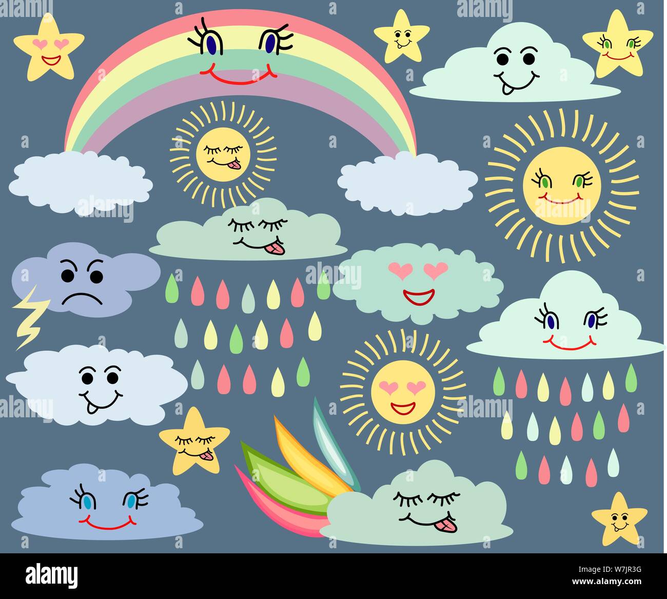 Emotionale Sonne und Wolken, Sterne, Rainbow auf dunklem Hintergrund. Cute Wettervorhersage. eingestellt. Stock Vektor