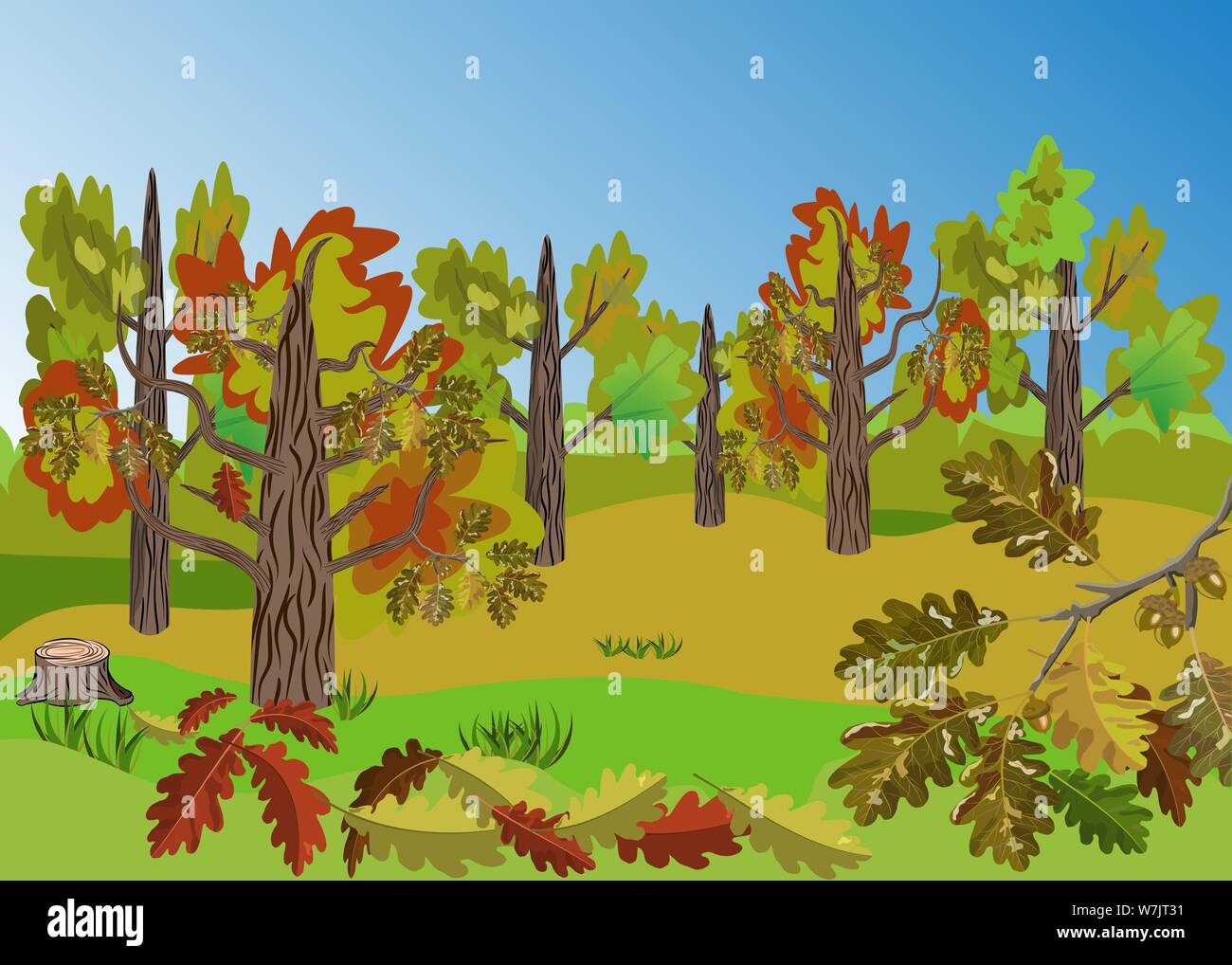 Herbst Oak Tree Grove Landschaft mit schönen bunten Eichenlaub folliage und hervorragende Ausblicke auf die Landschaft. Gut für Cartoon Requisiten, saisonale Dekoration Stock Vektor