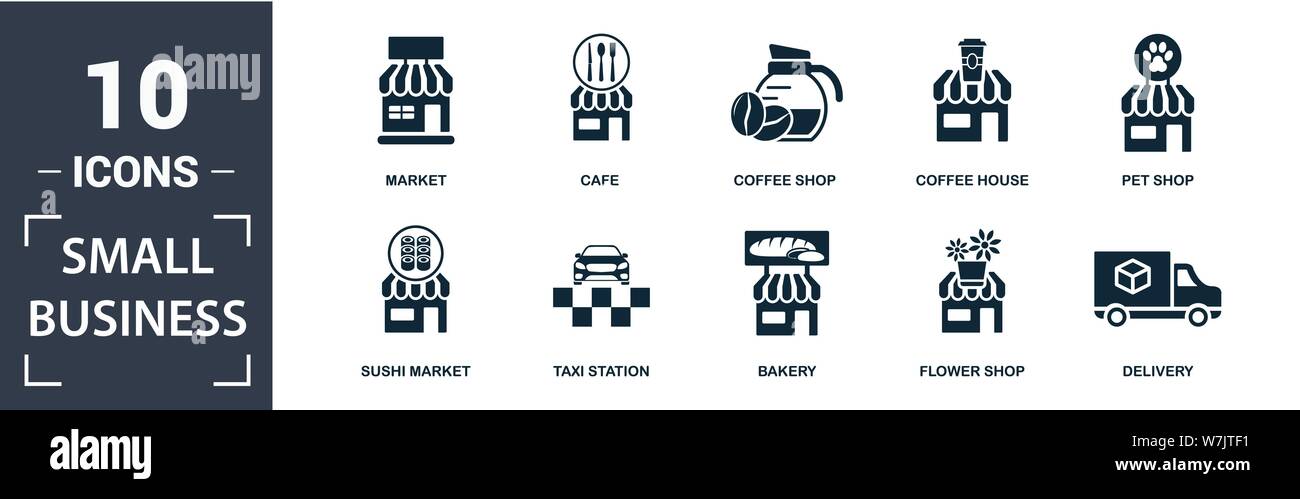 Small Business Icon Set. Gefüllt flachbild Markt, Pet Shop, Lieferung, Eisdiele, Buch Shop, Café, Cafe, Pizzeria Symbole. Bearbeitbar Stock Vektor