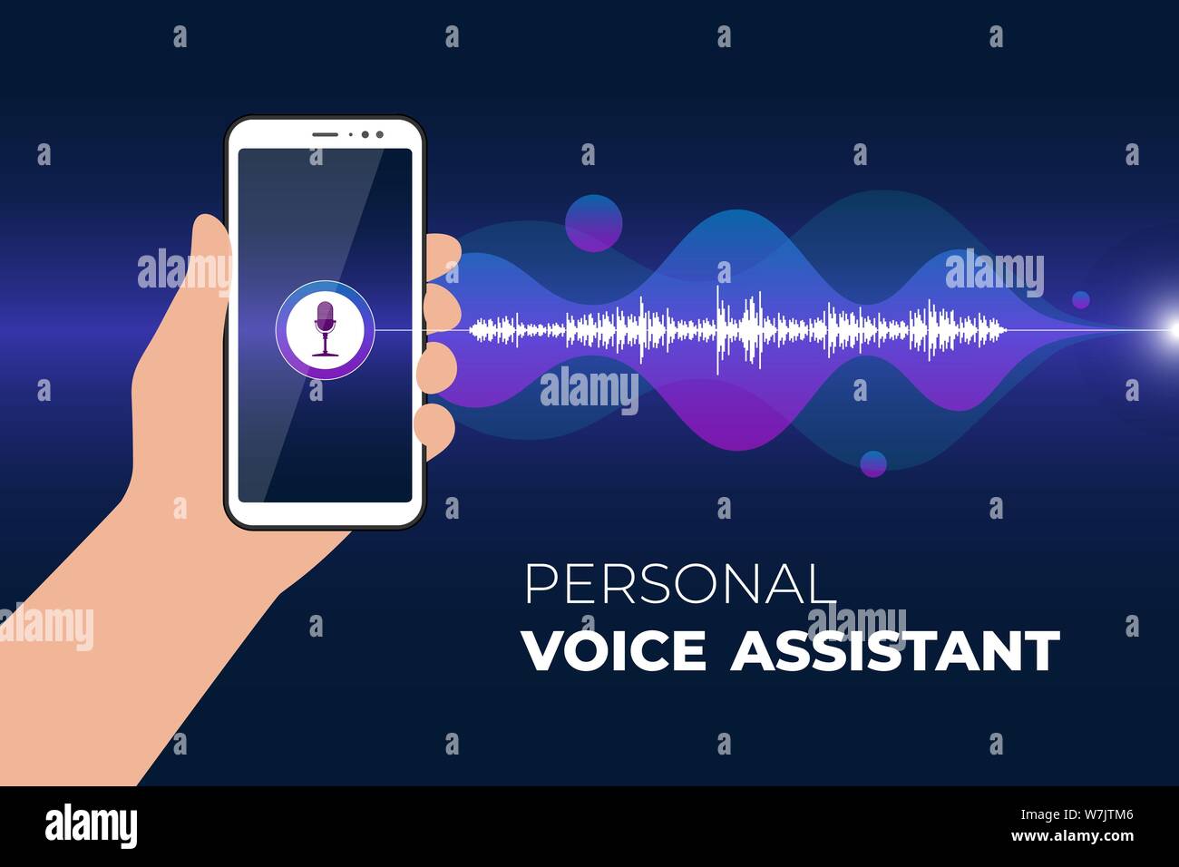 Persönlicher Assistent und mobile Spracherkennung. Hand hält Smartphone mit Mikrofon-Taste auf dem Bildschirm und Gradient Schallwelle. Soundwave Intelligence Smart Technology Vektor ai Illustration Stock Vektor