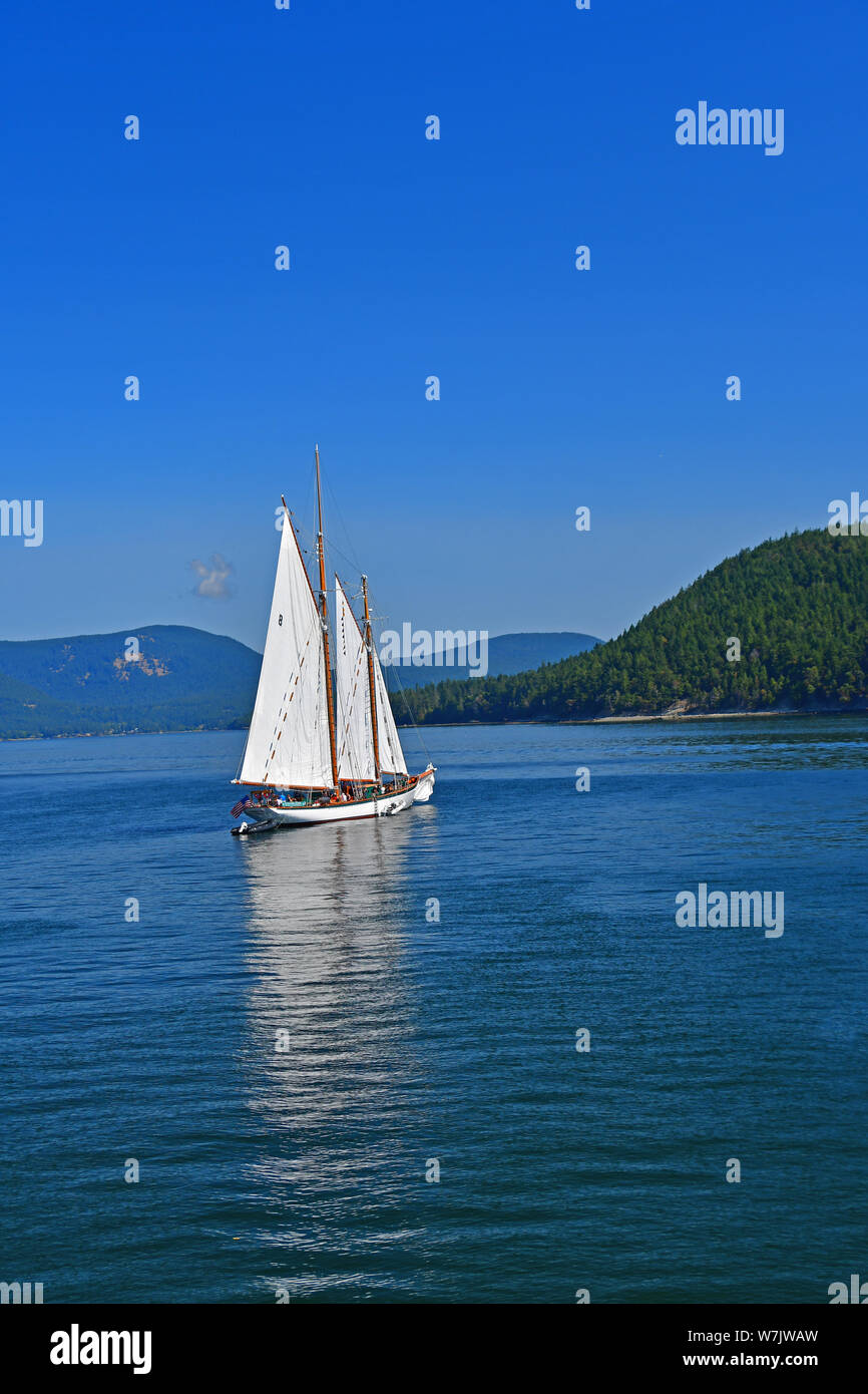 Ein Segelboot lagen die Gewässer des Salish Meer weg die San Juan Inseln im Staat Washington, USA Stockfoto