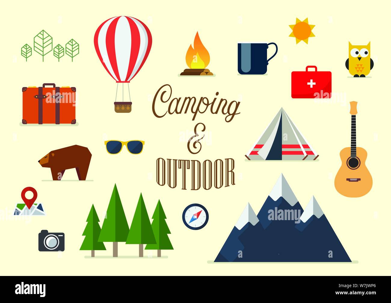 Sammlung von Camping Elemente im flachen Design. Vector Illustration Stock Vektor