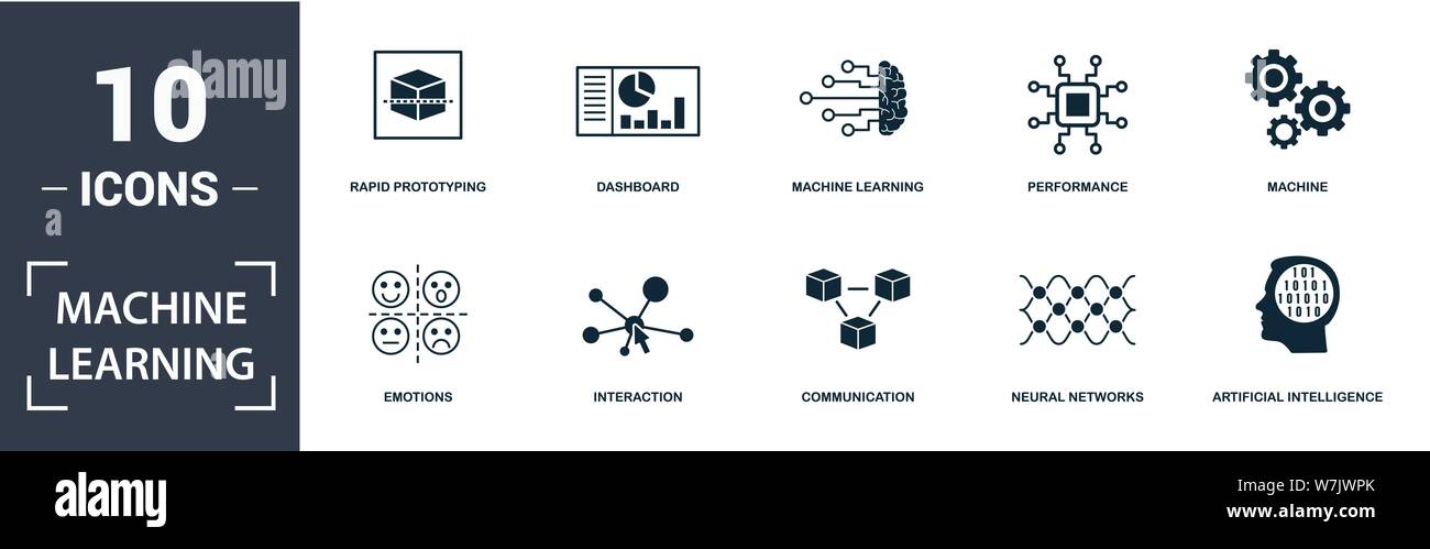 Symbol für maschinelles Lernen eingestellt. Enthalten gefüllt flache maschinelles Lernen, Maschine, Dashboard, künstliche Intelligenz, Emotionen, Leistung, neuronale Netzwerke Stock Vektor
