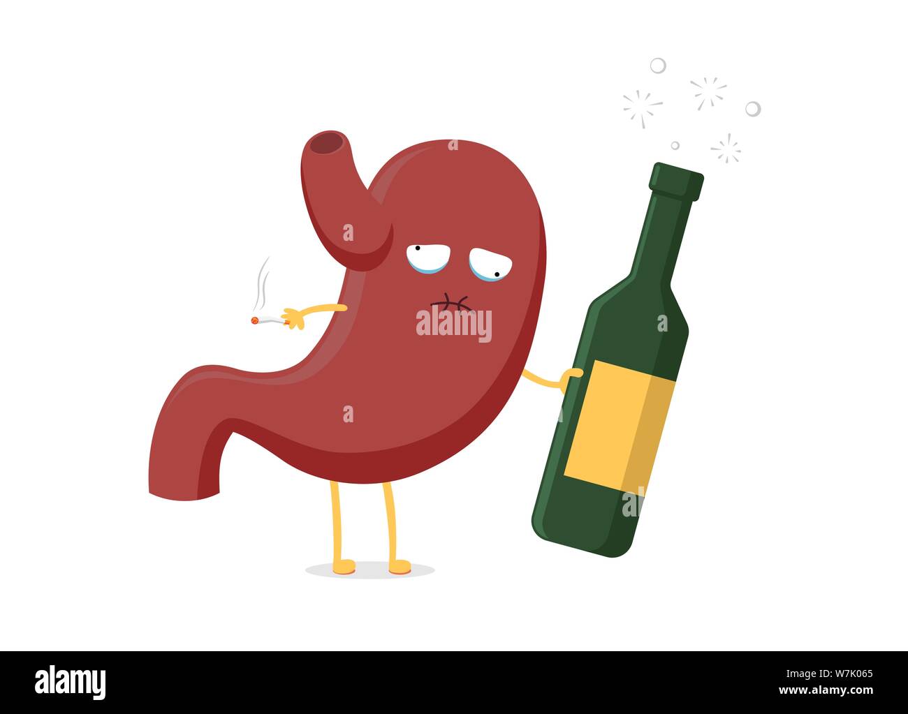 Traurige ungesunde krank betrunken Magen Charakter mit Alkohol Flasche und Zigarette. Menschliches Verdauungssystem ungesunde Cartoon-Organ Verdauungsstörungen. Vektorschmerz Krankheit Illustration Stock Vektor