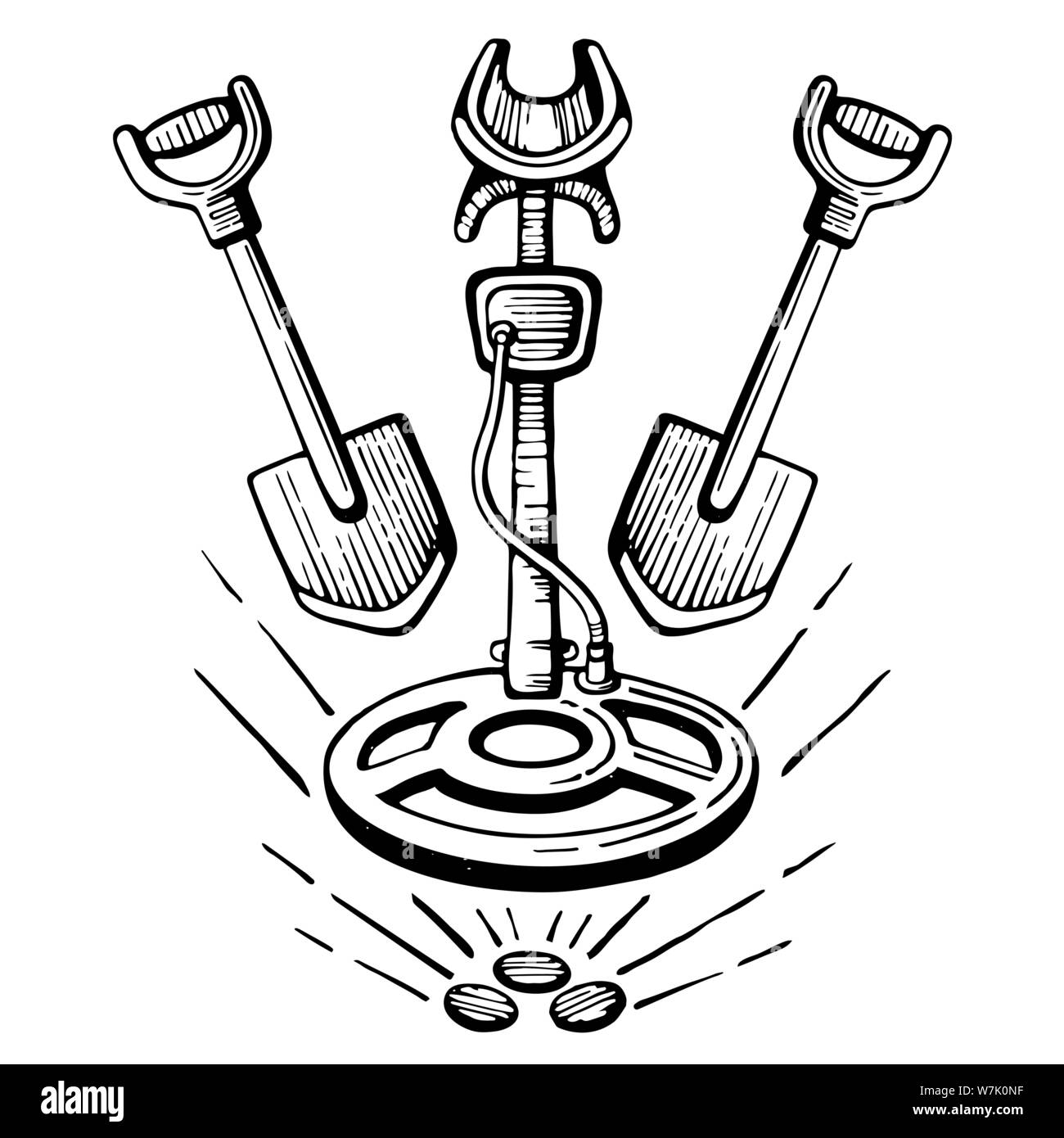 Metalldetektor mit Schaufeln Schatzsuche Emblem Stock Vektor