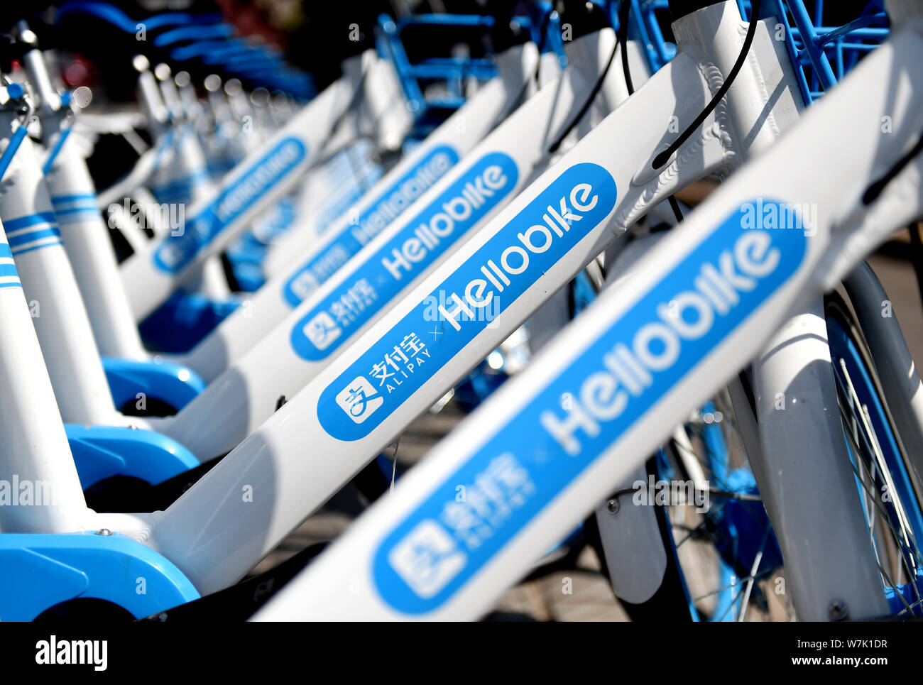 Fahrräder der Chinesischen bike-sharing service Hellobike werden auf einer Straße in Luoyang city gesäumt, die Zentrale China Provinz Henan, 11. September 2017. Bicy Stockfoto
