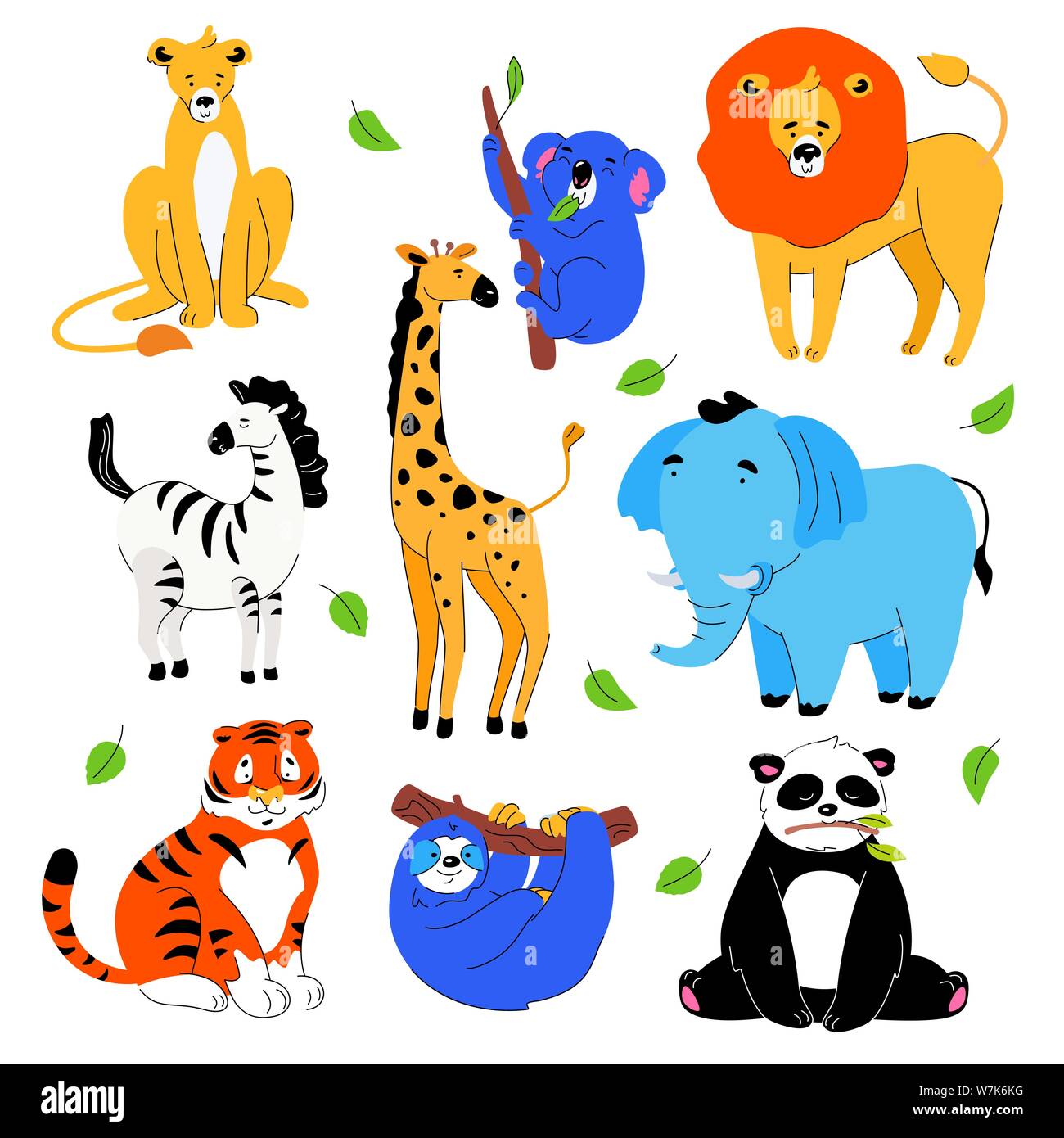 Niedliche exotische Tiere - Satz mit flachen Design Stil Cartoon Zeichen auf weißem Hintergrund. Eine helle Kollektion mit Löwen, Koala kauen ein Blatt, Stock Vektor