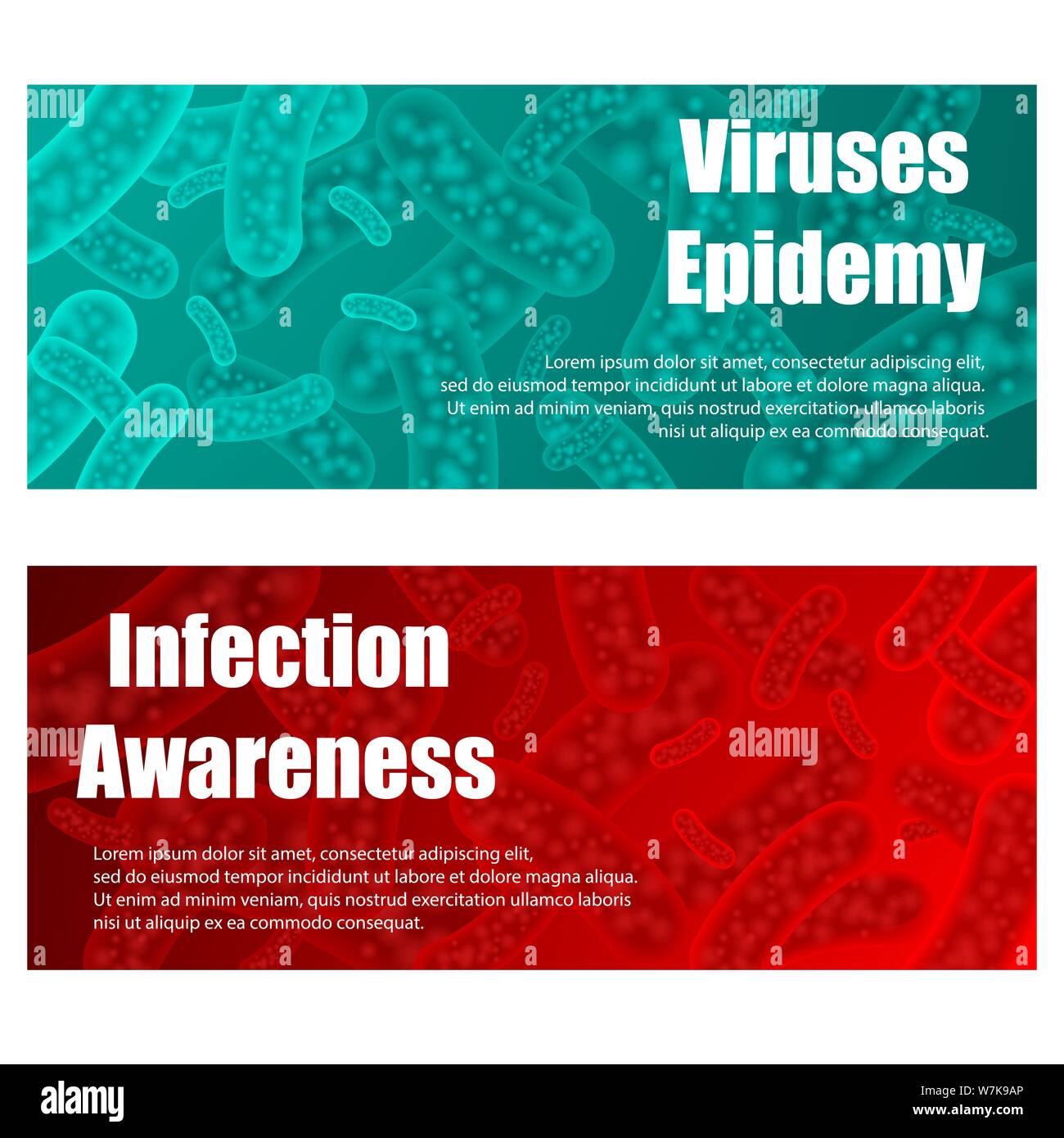 Abstrakte Medizin roten und blauen Banner mit verschiedenen Mikroorganismen Stock Vektor