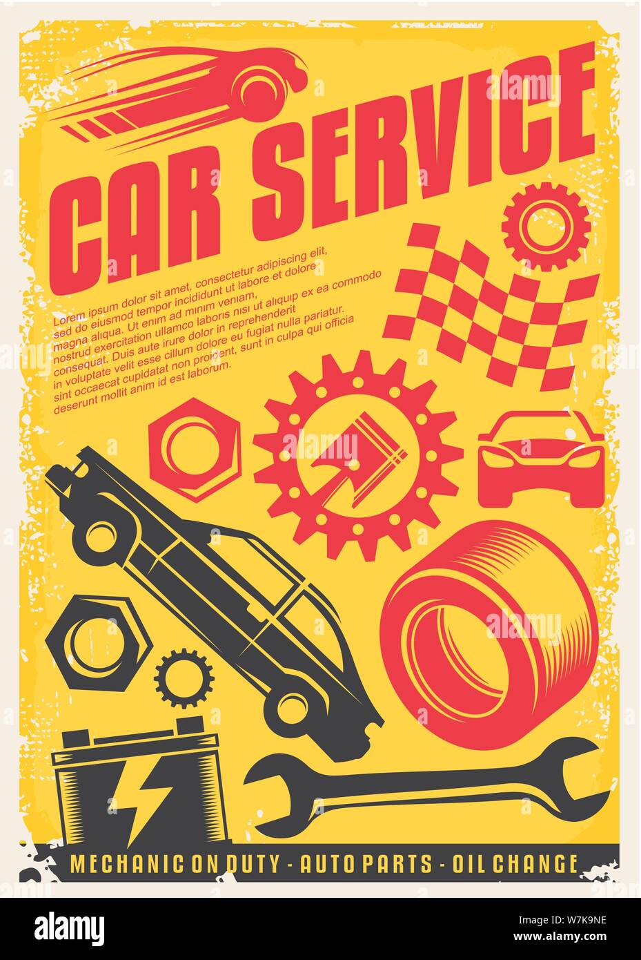 Auto service Vintage Poster Design. Retro Transport ad-Konzept. Auto Teile, Zahnräder, Fahrzeuge Grafik. Stock Vektor