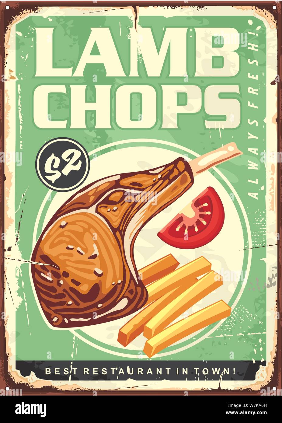 Restaurant Menü mit gegrilltem Lamm Kotelett Koteletts, Pommes frites und frische Tomaten. Vintage essen Poster Design. Fast food retro Vektor Illustration. Stock Vektor