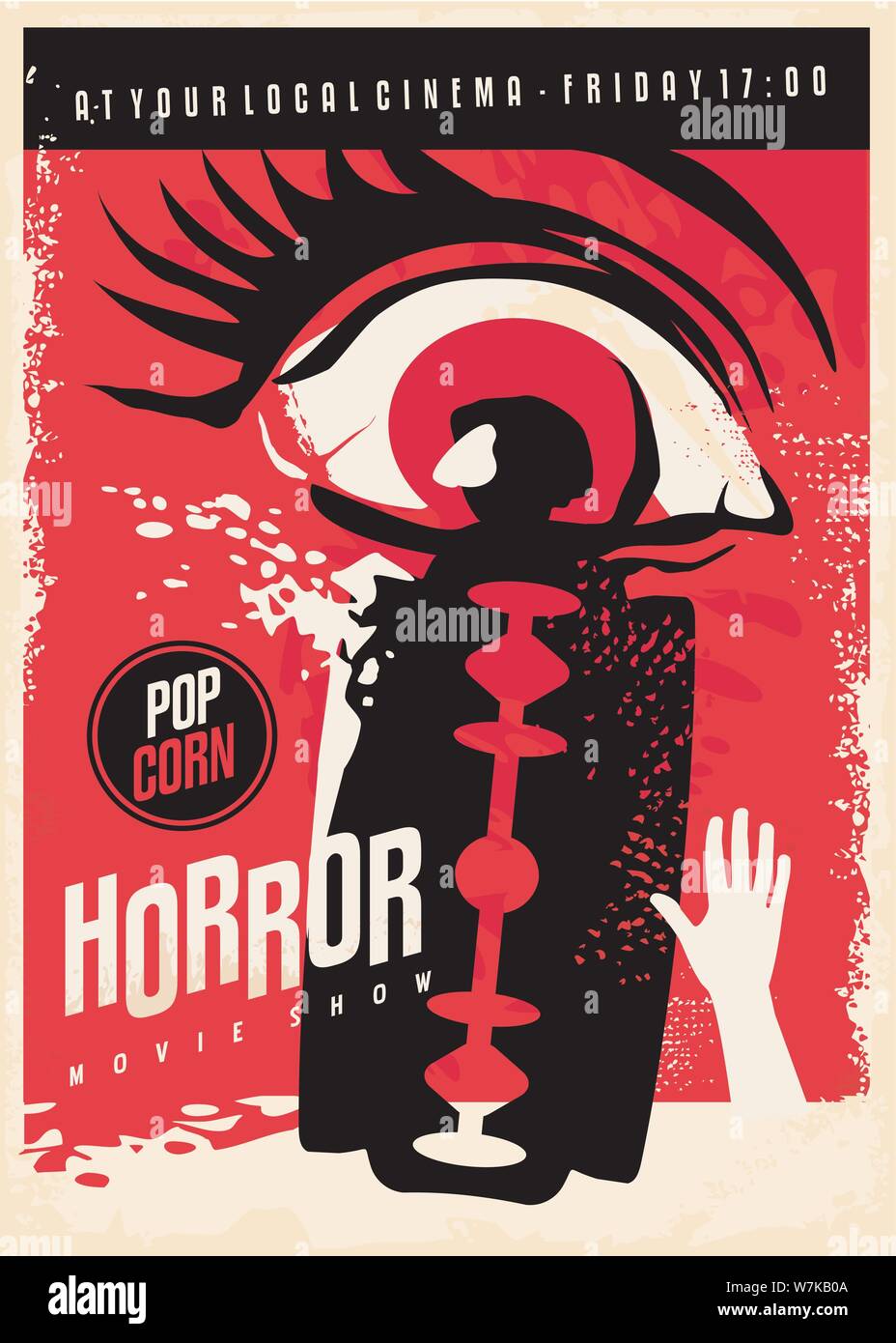 Horror Film Poster Design mit unheimlichen Auge und blutige Rasierklinge. Retro Poster Vector Illustration. Stock Vektor