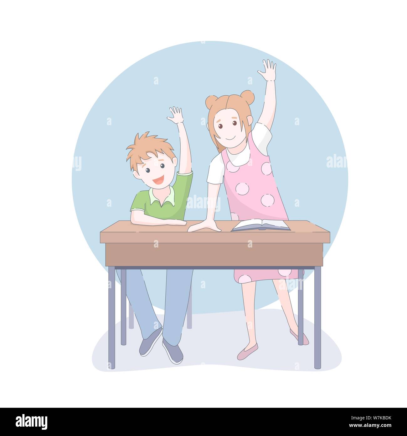 Zwei lächelnde junge Schule Kinder Waffen in der Klasse angesprochen. Vector Illustration. Stock Vektor