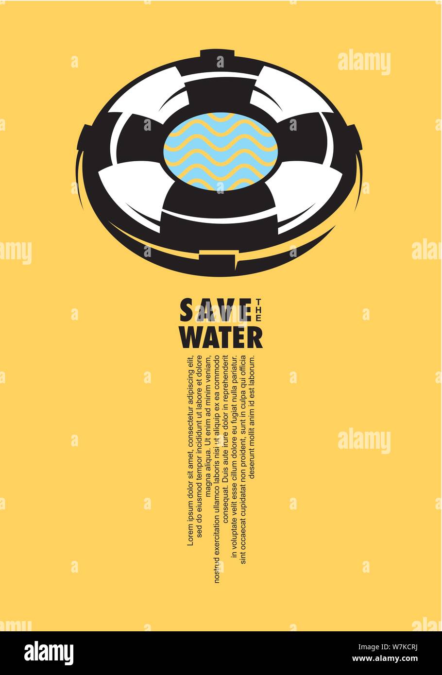 Das Wasser, das Konzeptuelle poster Idee mit Rettungsring und Wasser Wellen im Inneren. Tag der Erde künstlerischen und symbolischen Flyer Design. Stock Vektor
