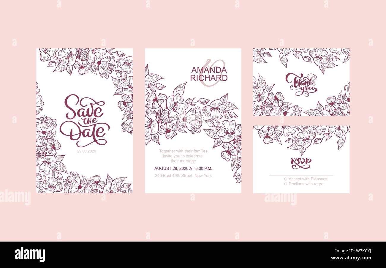 Hochzeitseinladung, Blumeneinladung Save the date, danke, rsvp Modern Card Design - roter dekorativer Kranz mit Blumen und Rahmen. Vektor elegant Stock Vektor