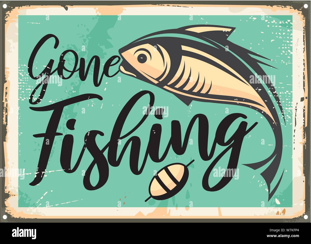Angeln Gegangen vintage dekorative Zeichen Vorlage. Retro Poster mit Fisch auf altes Rostiges Metall Hintergrund. Sport und Erholung vintage Vektor Layout. Stock Vektor
