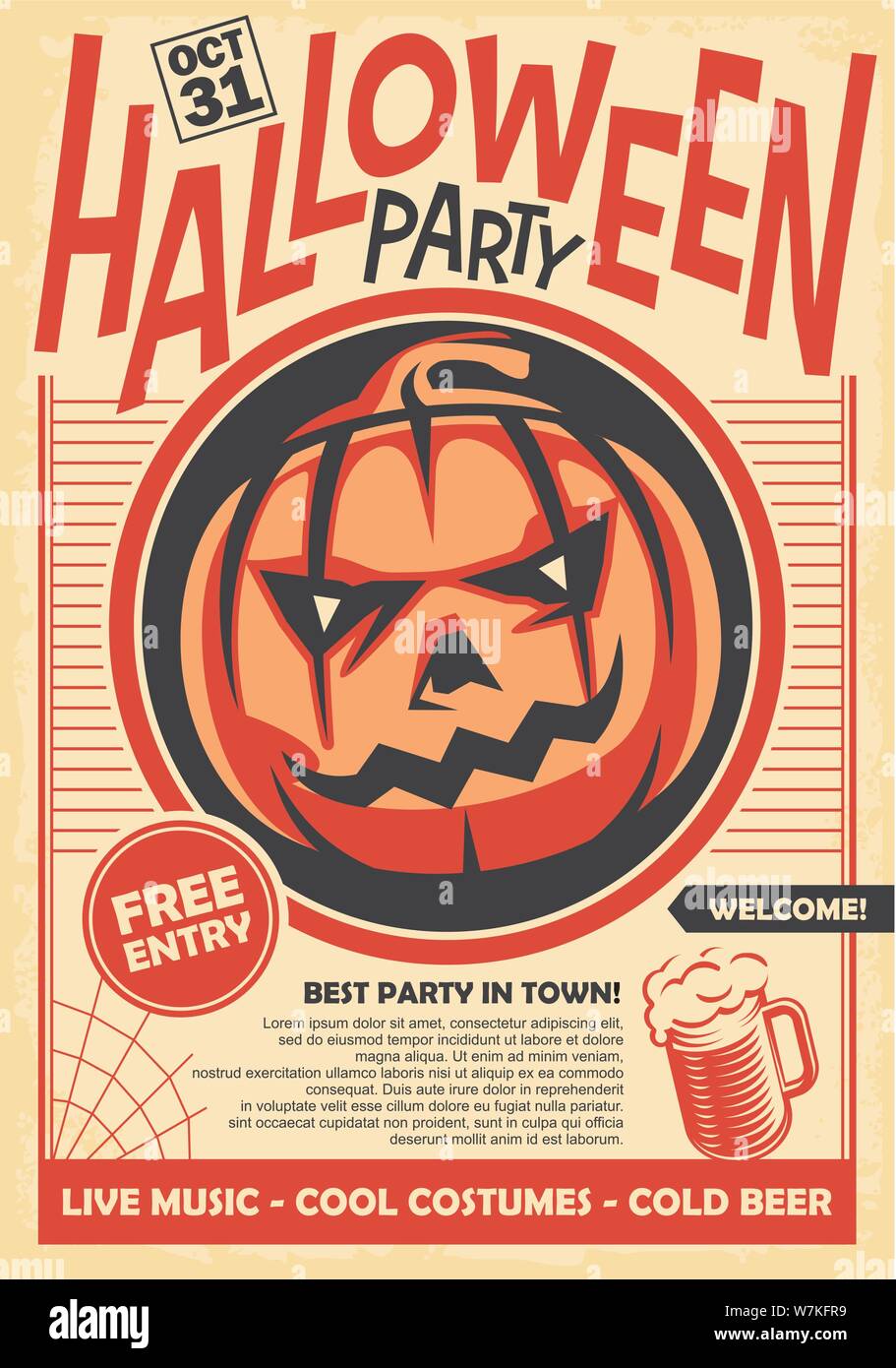 Halloween Party Poster und Einladungskarte Design mit Kürbis Kopf auf alten Papier Hintergrund. Vintage Vector Illustration. Holiday event. Stock Vektor
