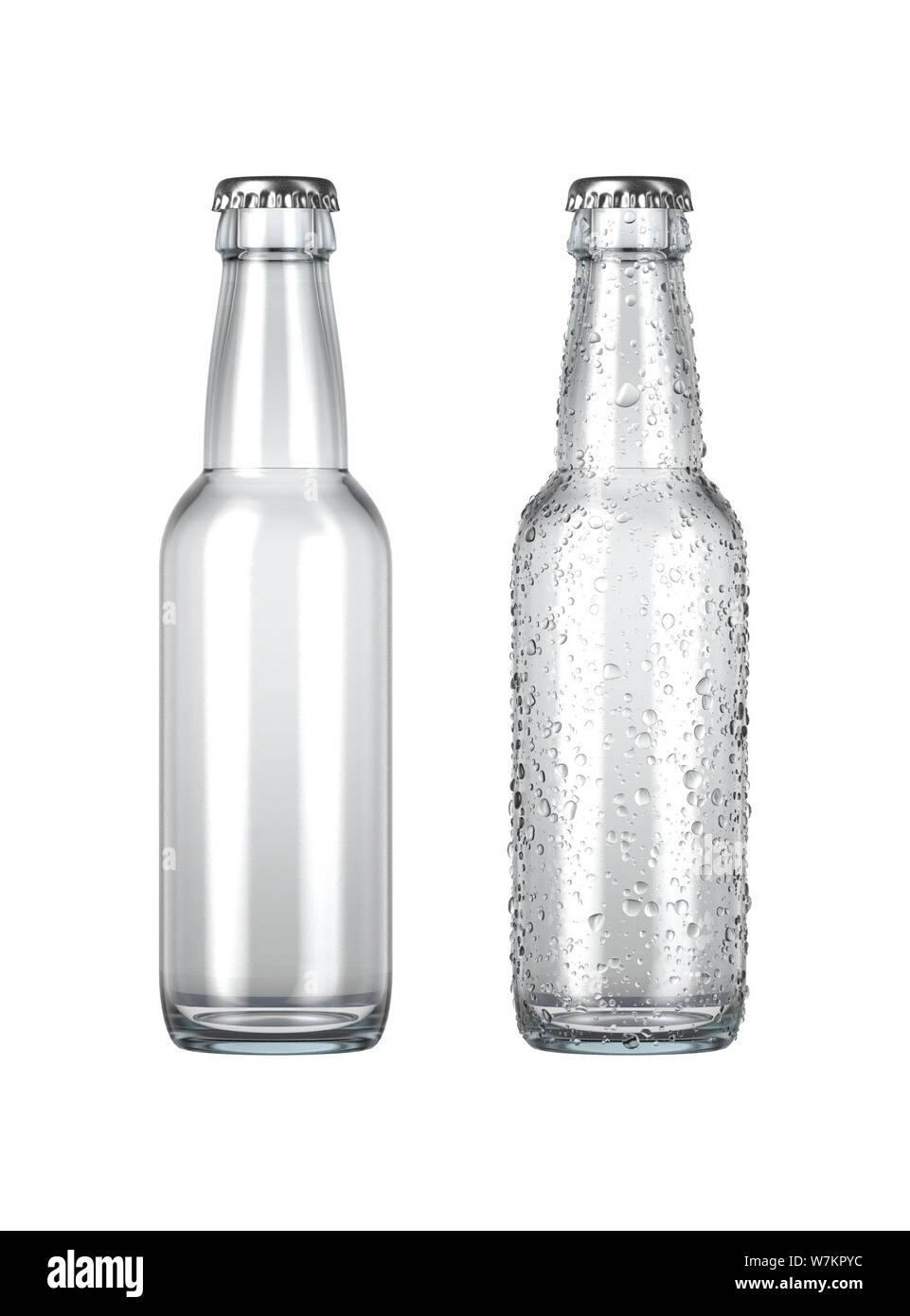 Ein einfaches klares Glas Bier Flasche neben einem anderen mit Tröpfchen von Kondensation auf einer isolierten weißen studio Hintergrund - 3D-Rendering Stockfoto