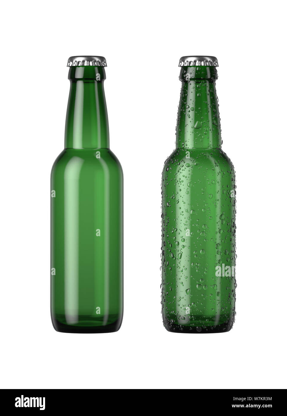 Ein schlichtes grünes Glas Bier Flasche neben einem anderen mit Tröpfchen von Kondensation auf einer isolierten weißen studio Hintergrund - 3D-Rendering Stockfoto