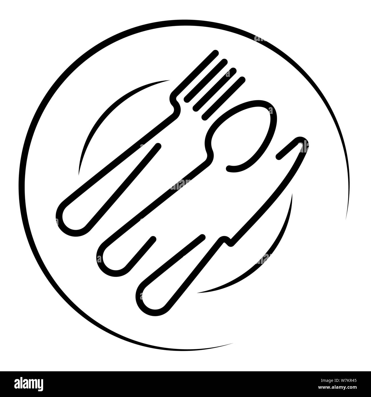 Abstrakte Logo von einem Café oder Restaurant. Ein Löffel, Messer und Gabel auf einem Teller. Eine einfache Gliederung. Stock Vektor
