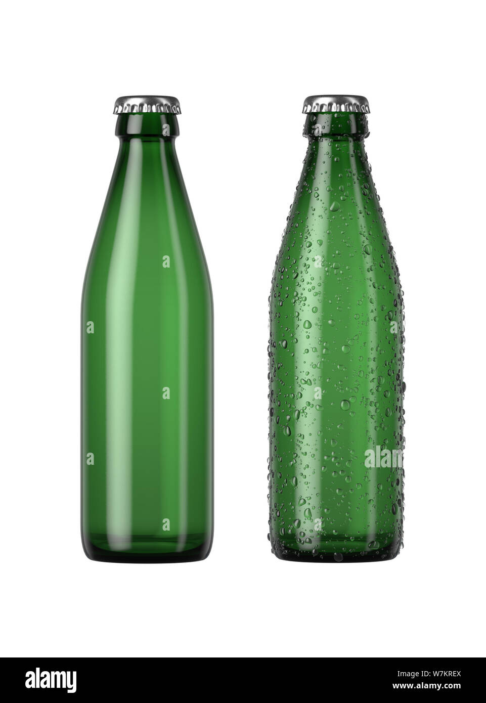 Ein schlichtes grünes Glas Bier Flasche neben einem anderen mit Tröpfchen von Kondensation auf einer isolierten weißen studio Hintergrund - 3D-Rendering Stockfoto