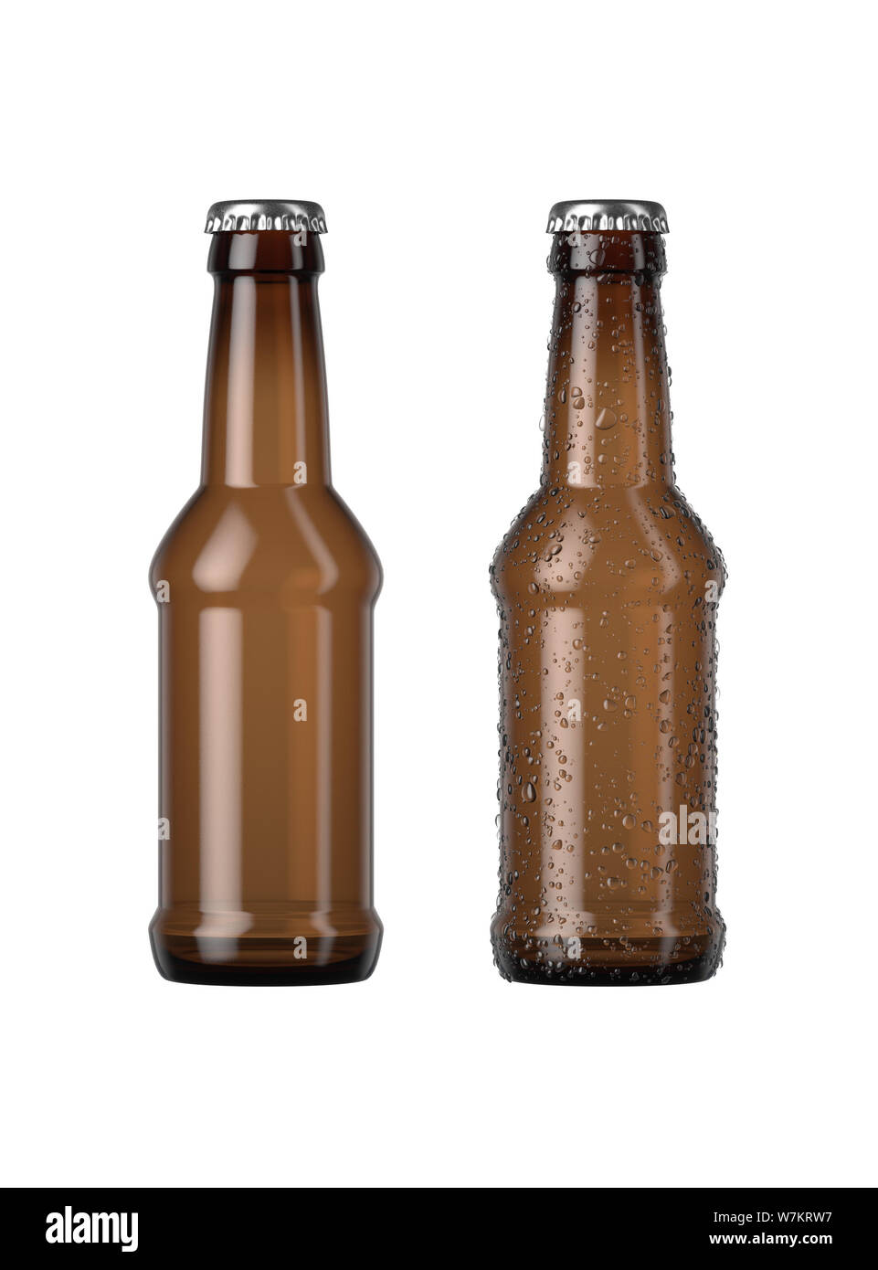 Ein normales Braunglas Bier Flasche neben einem anderen mit Tröpfchen von Kondensation auf einer isolierten weißen studio Hintergrund - 3D-Rendering Stockfoto