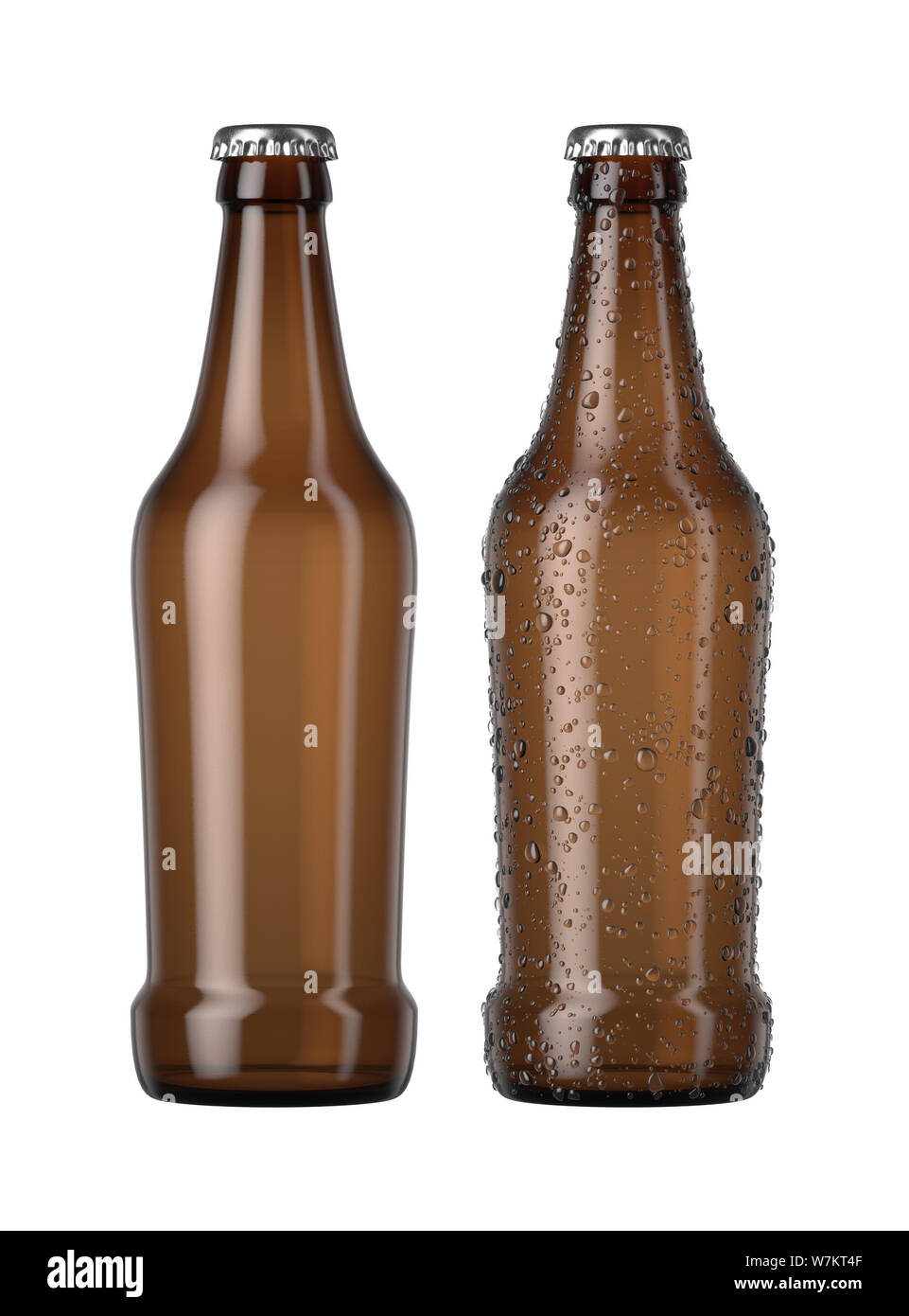 Ein normales Braunglas Bier Flasche neben einem anderen mit Tröpfchen von Kondensation auf einer isolierten weißen studio Hintergrund - 3D-Rendering Stockfoto