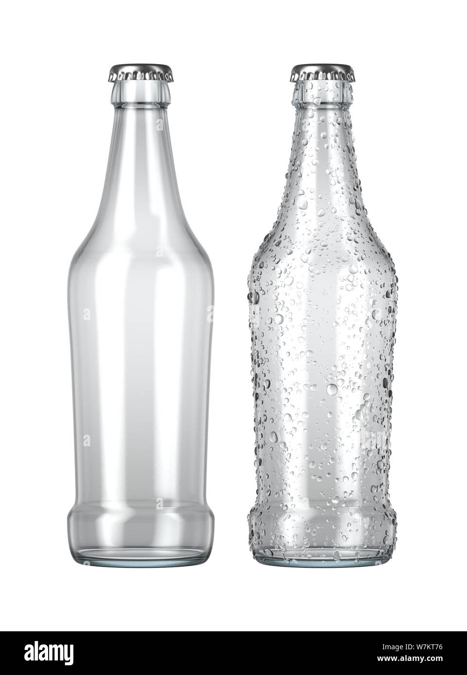 Ein einfaches klares Glas Bier Flasche neben einem anderen mit Tröpfchen von Kondensation auf einer isolierten weißen studio Hintergrund - 3D-Rendering Stockfoto