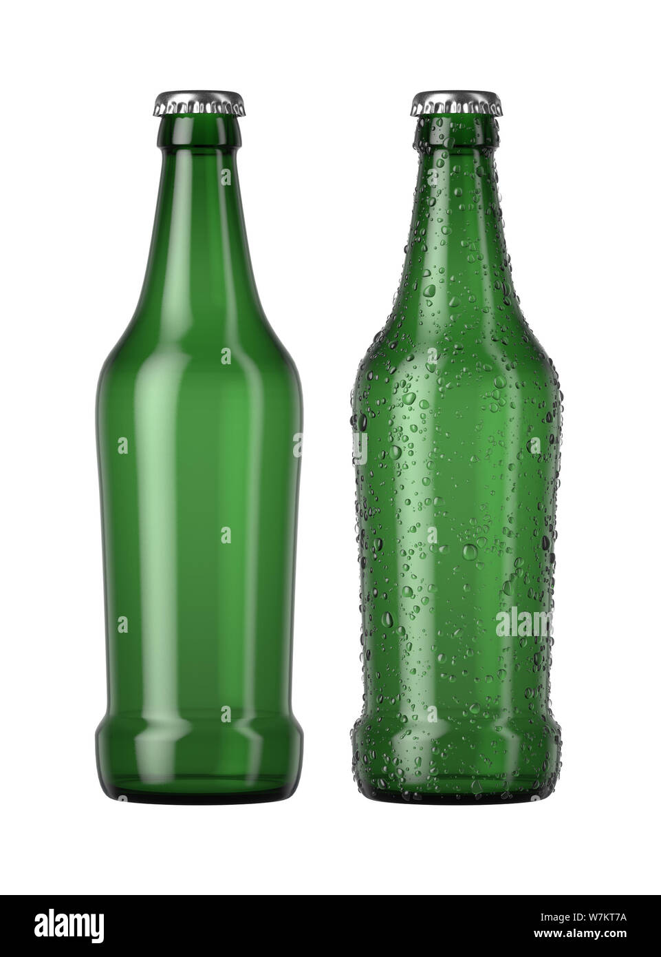 Ein schlichtes grünes Glas Bier Flasche neben einem anderen mit Tröpfchen von Kondensation auf einer isolierten weißen studio Hintergrund - 3D-Rendering Stockfoto