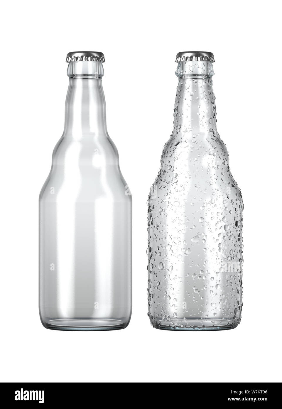 Ein einfaches klares Glas Bier Flasche neben einem anderen mit Tröpfchen von Kondensation auf einer isolierten weißen studio Hintergrund - 3D-Rendering Stockfoto
