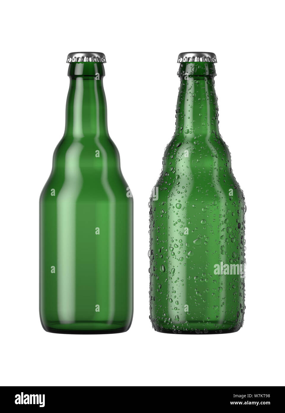 Ein schlichtes grünes Glas Bier Flasche neben einem anderen mit Tröpfchen von Kondensation auf einer isolierten weißen studio Hintergrund - 3D-Rendering Stockfoto