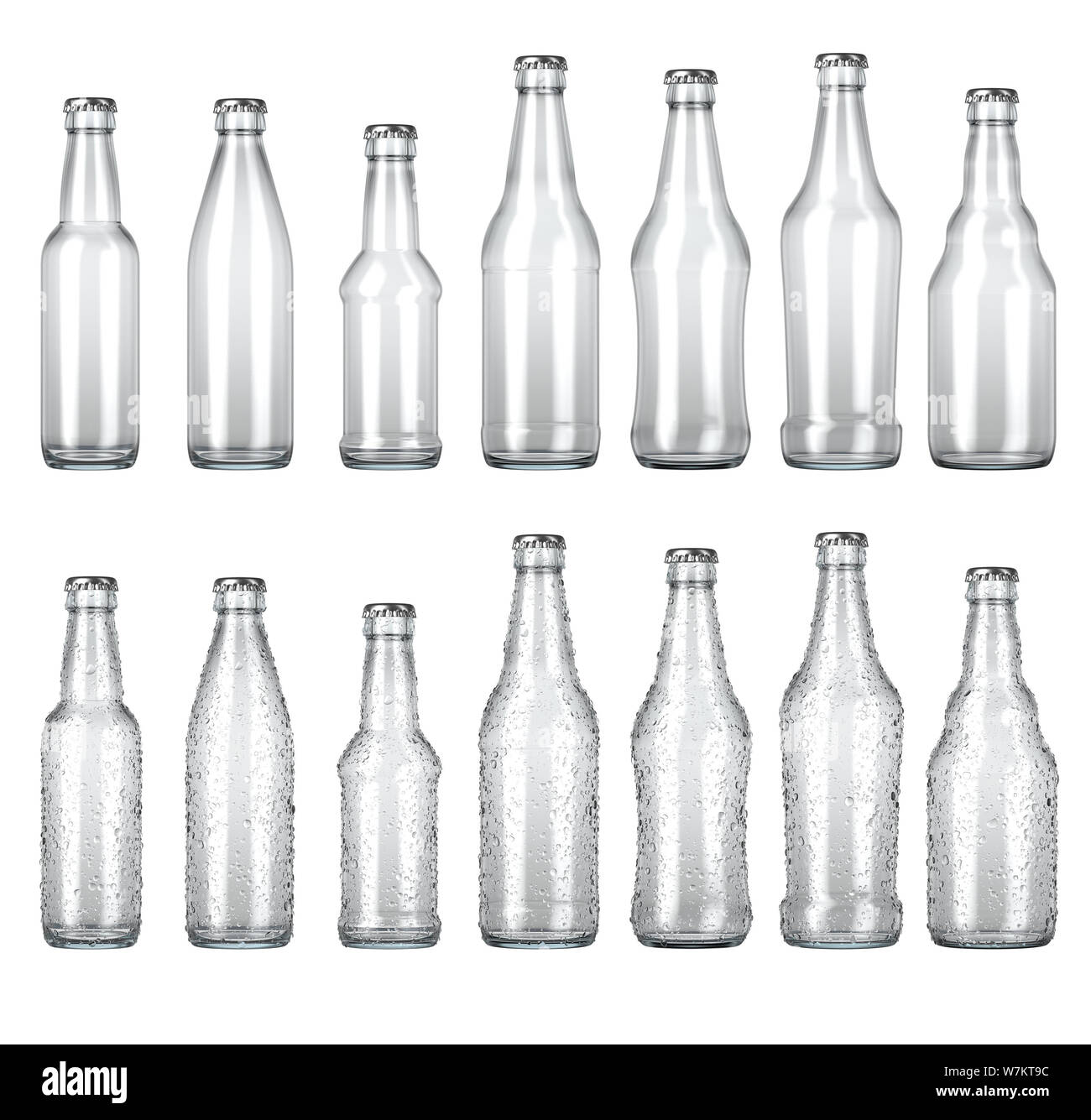 Eine Reihe von verschiedenen geformten klares Glas Bier Flaschen mit Tröpfchen von Kondensation auf einer isolierten weißen studio Hintergrund - 3D-Rendering Stockfoto