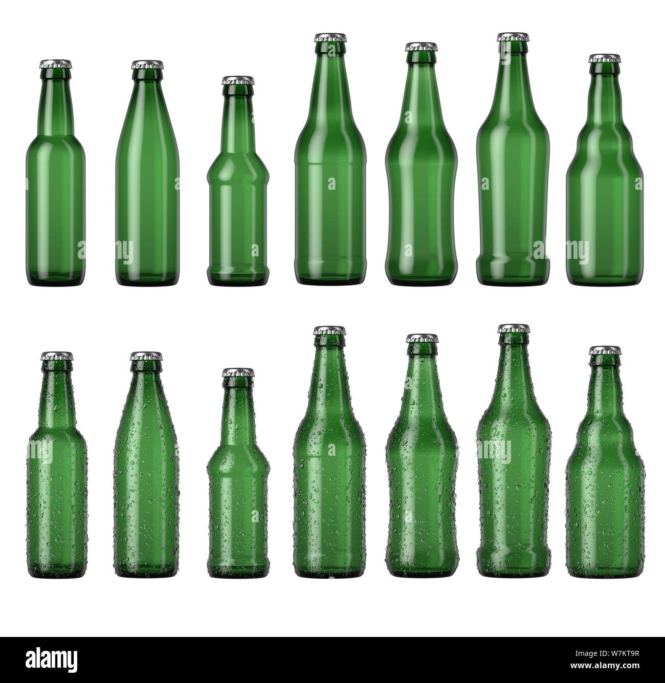 Eine Reihe von verschiedenen geformten grünes Glas Bier Flaschen mit Tröpfchen von Kondensation auf einer isolierten weißen studio Hintergrund - 3D-Rendering Stockfoto