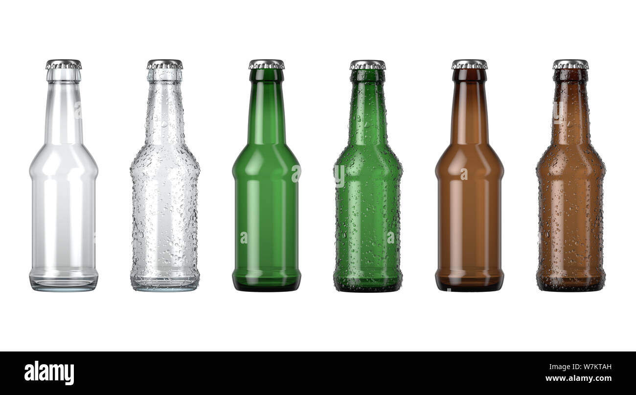 Eine Reihe von klaren Gelb und Grün Glas Bier Flaschen nmit Tröpfchen von Kondensation auf einer isolierten weißen studio Hintergrund - 3D-Rendering Stockfoto