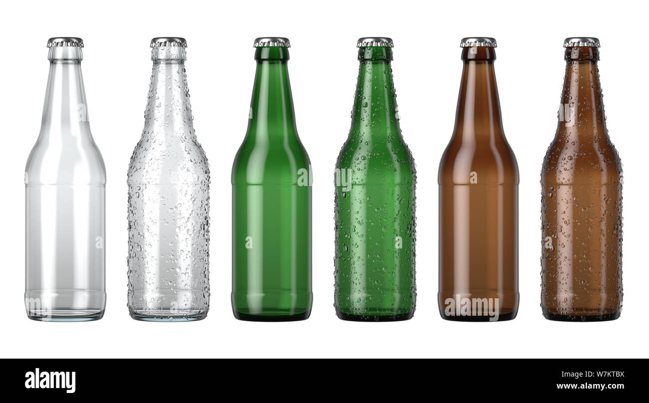 Eine Reihe von klaren Gelb und Grün Glas Bier Flaschen nmit Tröpfchen von Kondensation auf einer isolierten weißen studio Hintergrund - 3D-Rendering Stockfoto