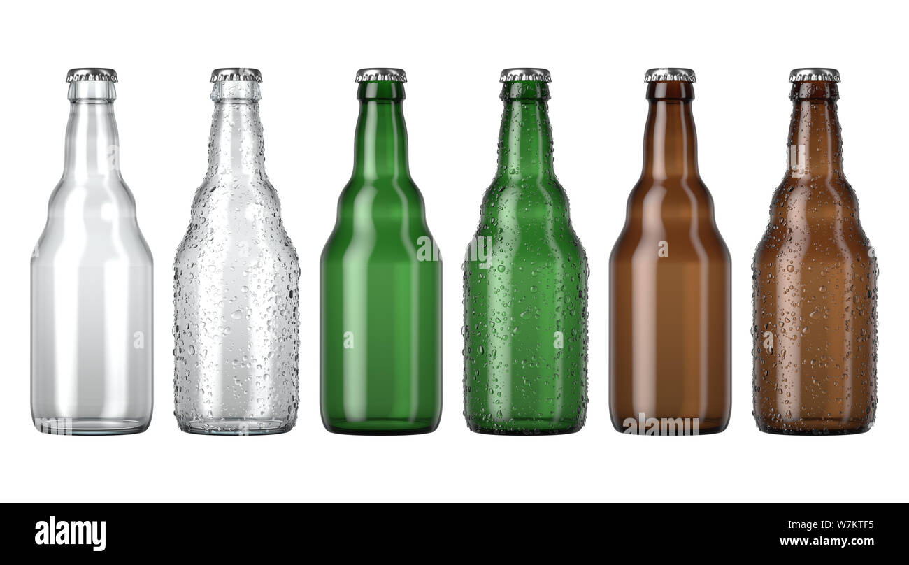 Eine Reihe von klaren Gelb und Grün Glas Bier Flaschen nmit Tröpfchen von Kondensation auf einer isolierten weißen studio Hintergrund - 3D-Rendering Stockfoto