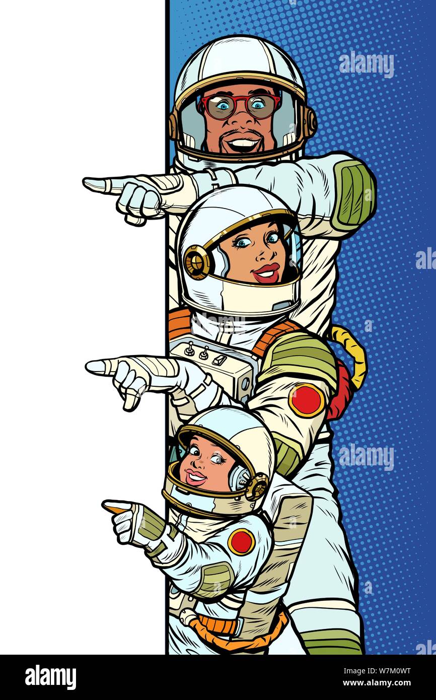 Multi rennen Familie Astronauten Mama, Papa und Sohn. Punkt zum Weltraum Poster kopieren. Pop Art retro Vektor Illustrator vintage kitsch Zeichnung Stock Vektor