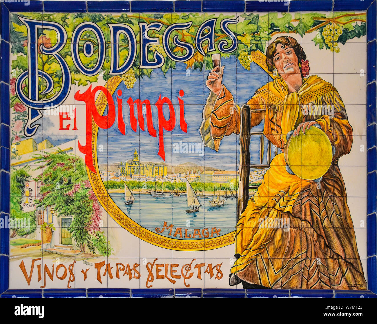 Bodegas El Pimpi, Spanische Fliesen Fries, Malaga, Andalusien, Spanien Stockfoto